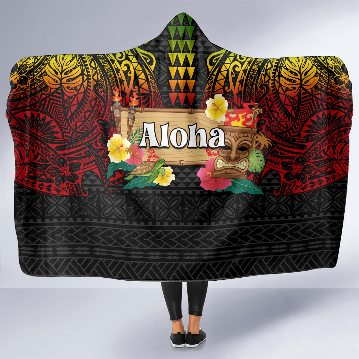Hawaiian Elements and Polynesian Tattoo Hooded Blanket