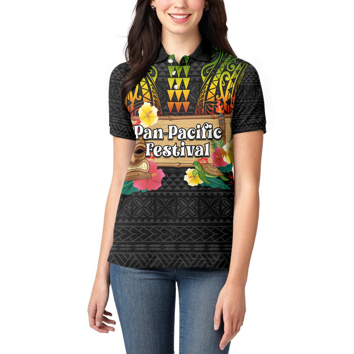 Hawaii Pan-Pacific Festival Women Polo Shirt Hawaiian Elements and Polynesian Tattoo