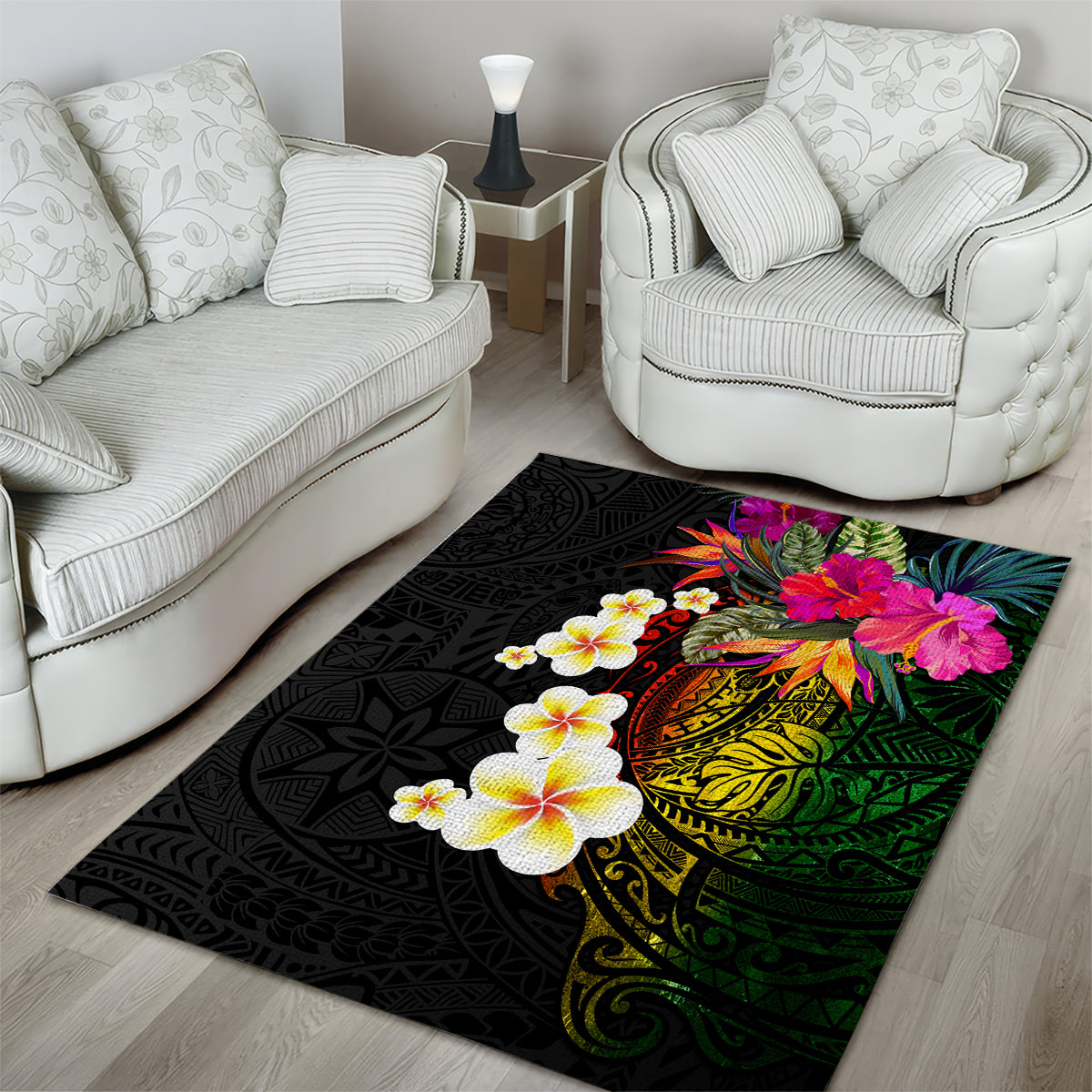 Hawaii Plumeria Area Rug Polynesian Tattoo and Hibiscus