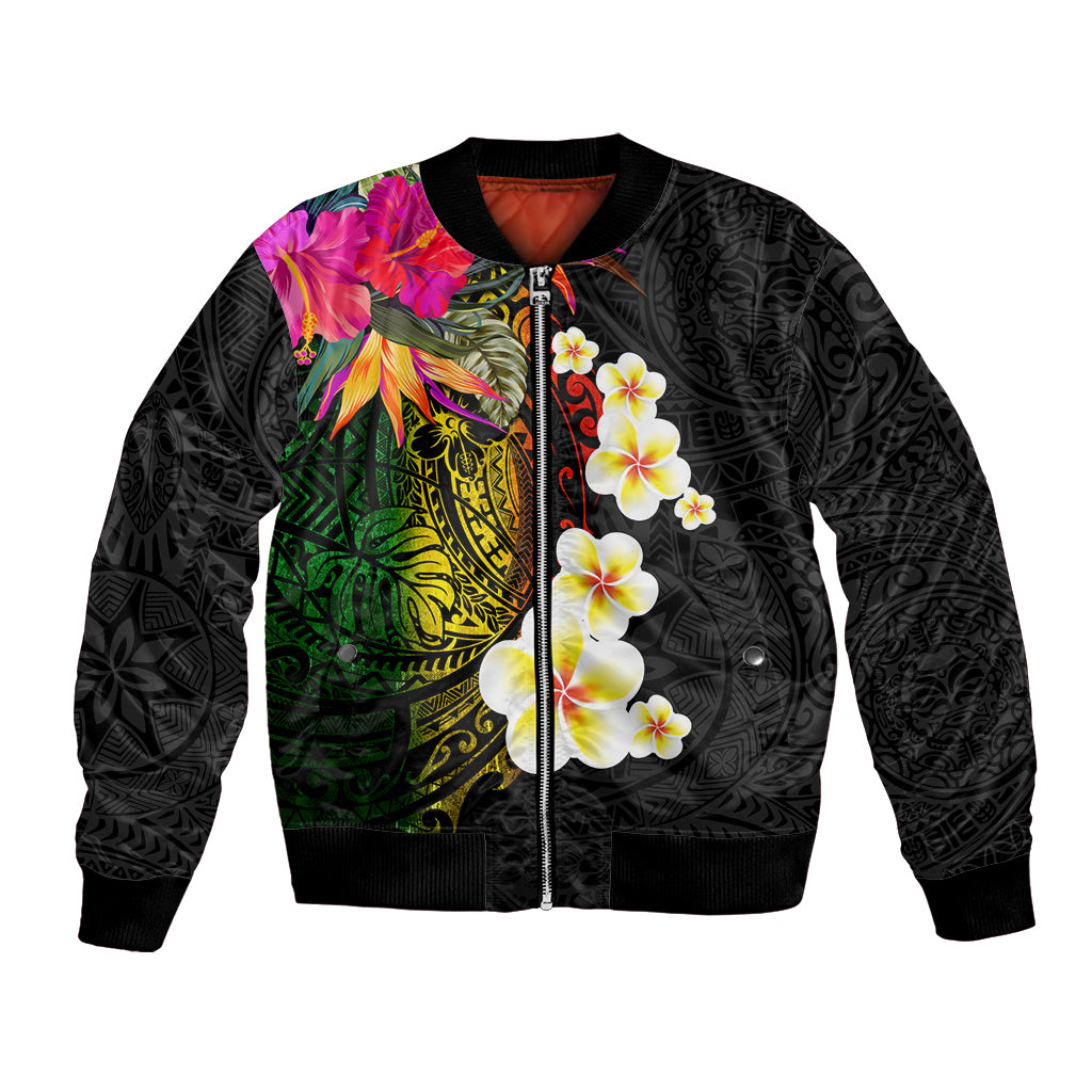 Hawaii Plumeria Bomber Jacket Polynesian Tattoo and Hibiscus