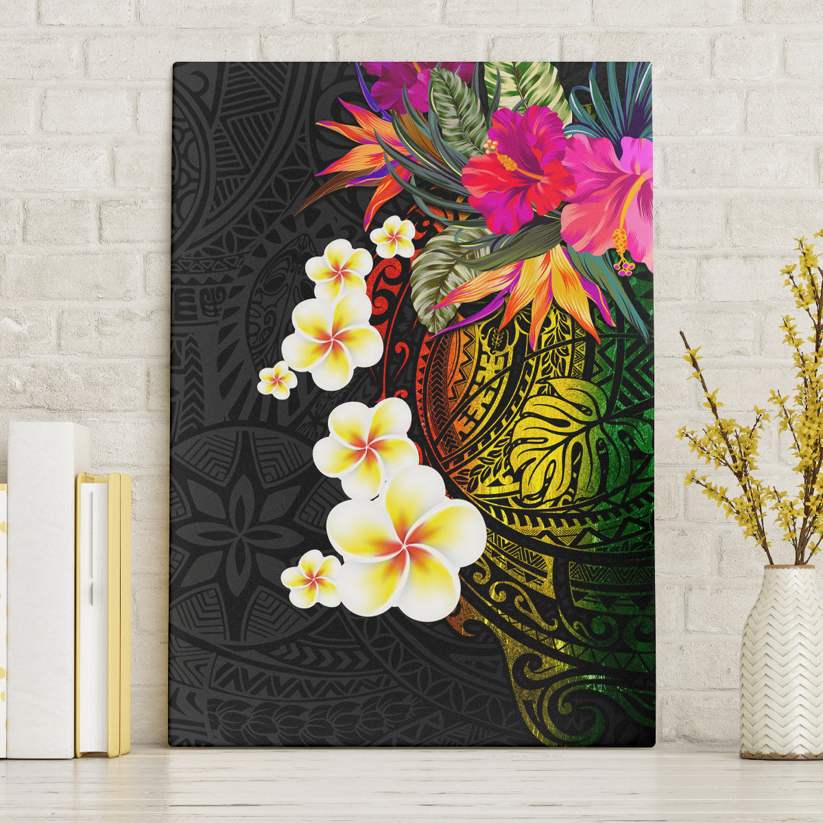 Hawaii Plumeria Canvas Wall Art Polynesian Tattoo and Hibiscus