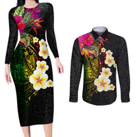 Hawaii Plumeria Couples Matching Long Sleeve Bodycon Dress and Long Sleeve Button Shirt Polynesian Tattoo and Hibiscus LT03 Black - Polynesian Pride