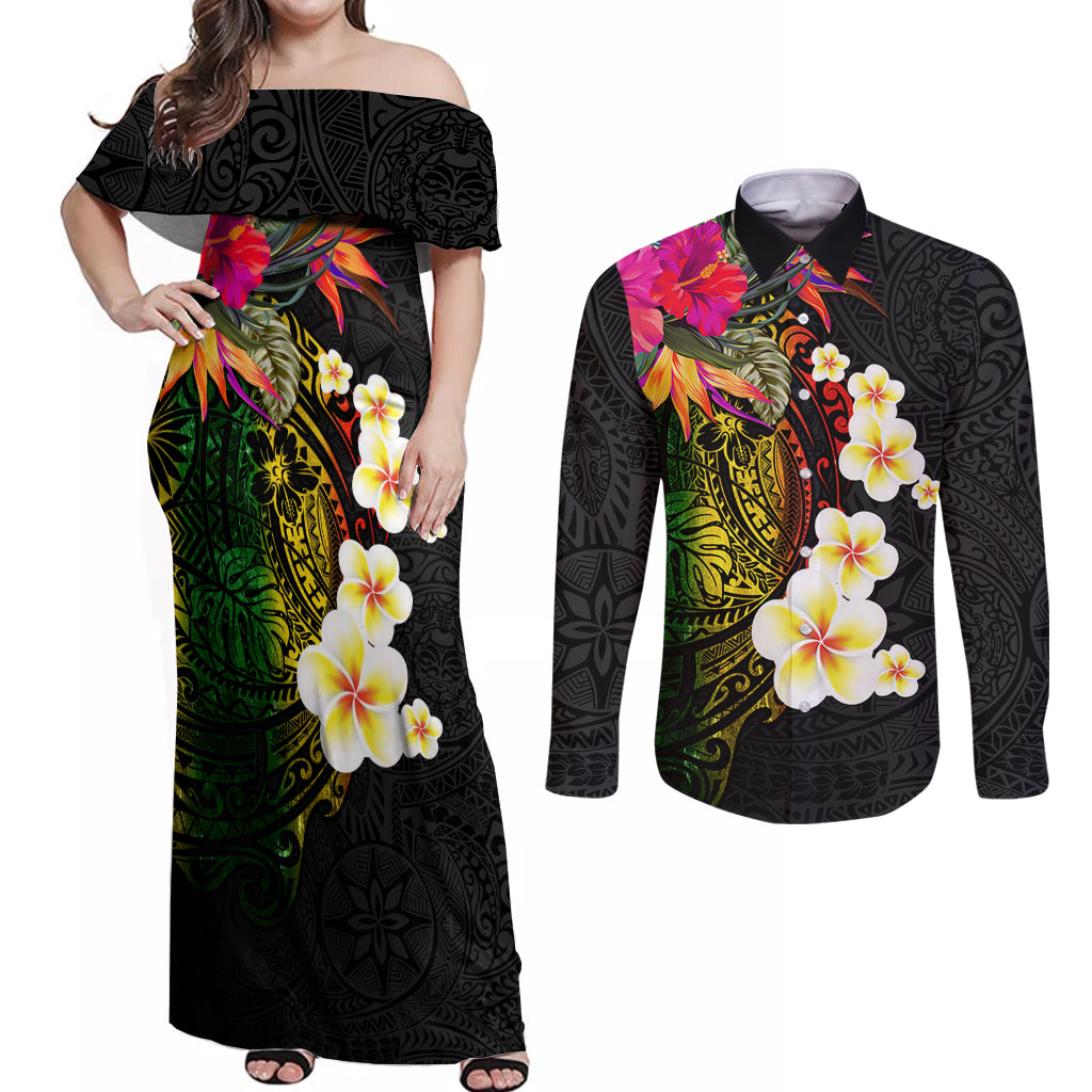 Hawaii Plumeria Couples Matching Off Shoulder Maxi Dress and Long Sleeve Button Shirt Polynesian Tattoo and Hibiscus LT03 Black - Polynesian Pride
