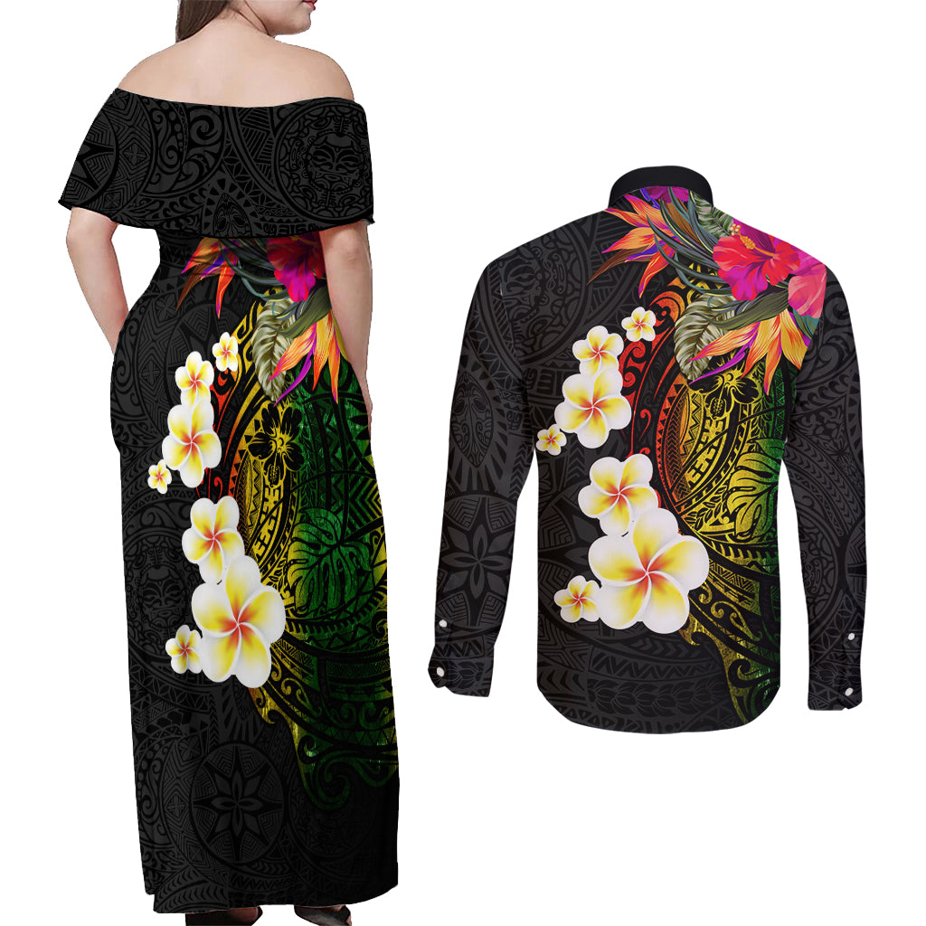 Hawaii Plumeria Couples Matching Off Shoulder Maxi Dress and Long Sleeve Button Shirt Polynesian Tattoo and Hibiscus LT03 - Polynesian Pride