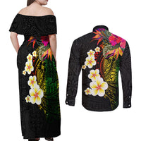 Hawaii Plumeria Couples Matching Off Shoulder Maxi Dress and Long Sleeve Button Shirt Polynesian Tattoo and Hibiscus LT03 - Polynesian Pride