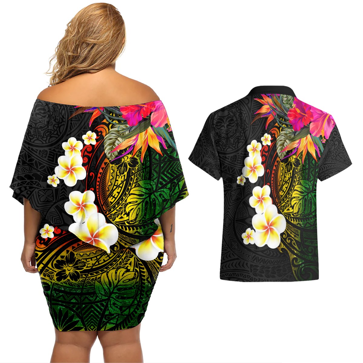 Hawaii Plumeria Couples Matching Off Shoulder Short Dress and Hawaiian Shirt Polynesian Tattoo and Hibiscus LT03 - Polynesian Pride