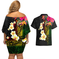 Hawaii Plumeria Couples Matching Off Shoulder Short Dress and Hawaiian Shirt Polynesian Tattoo and Hibiscus LT03 - Polynesian Pride