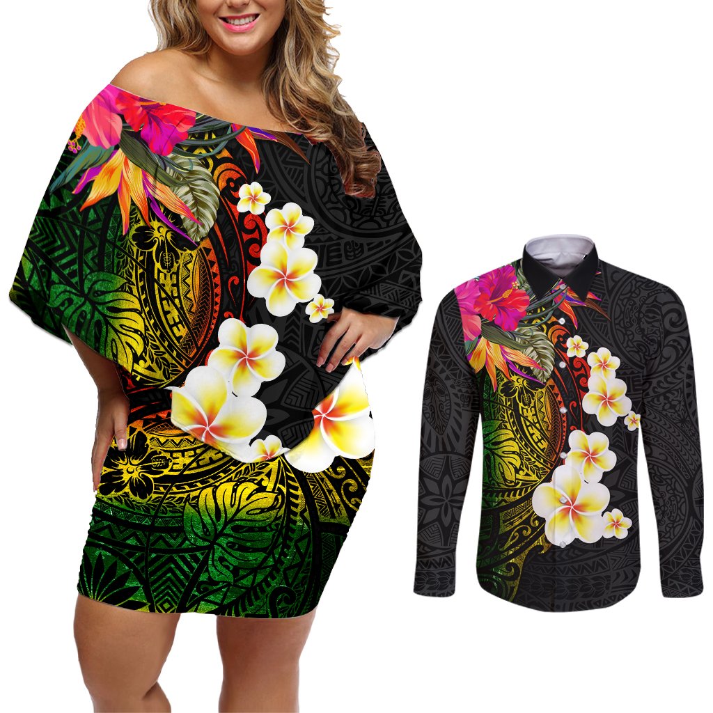 Hawaii Plumeria Couples Matching Off Shoulder Short Dress and Long Sleeve Button Shirt Polynesian Tattoo and Hibiscus LT03 Black - Polynesian Pride