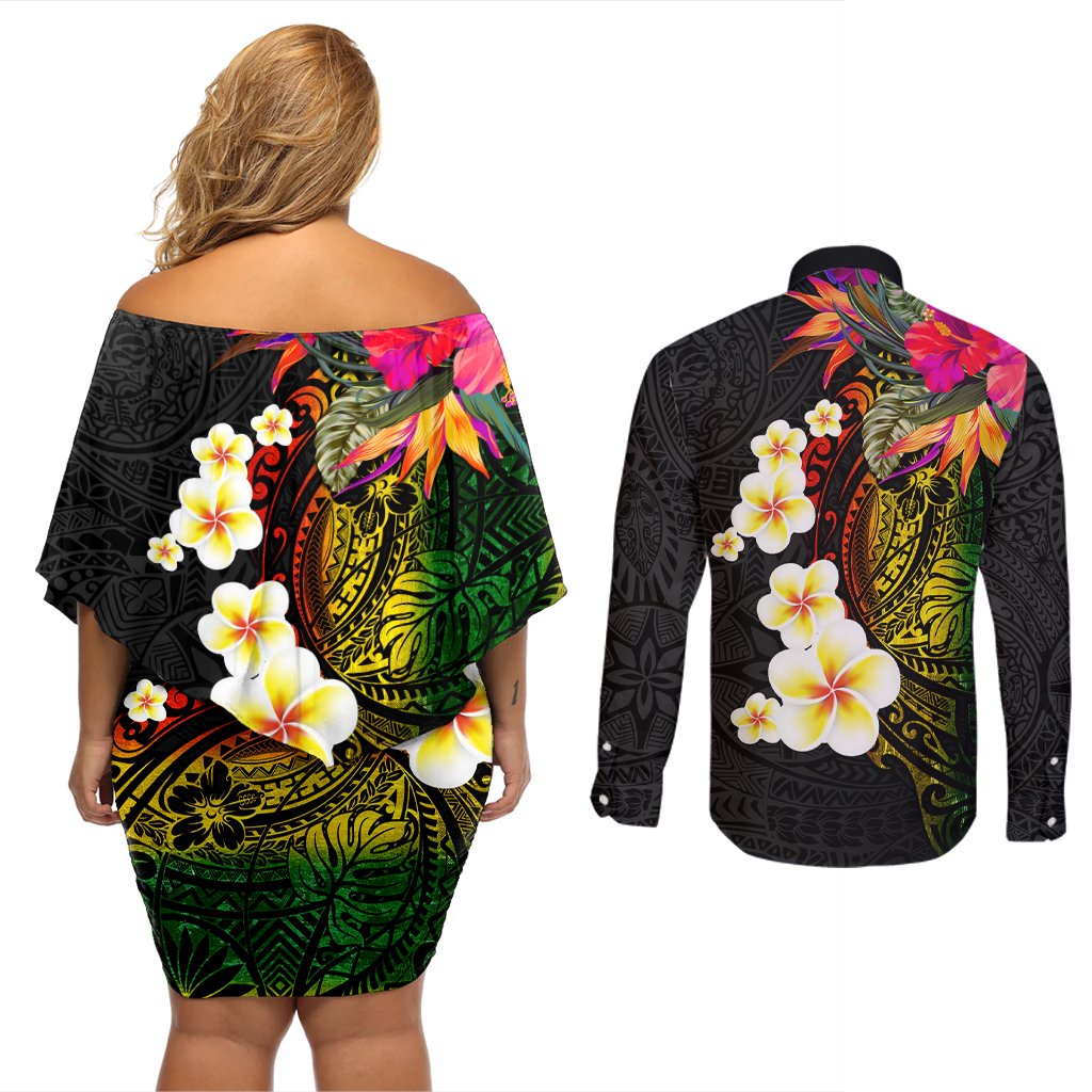 Hawaii Plumeria Couples Matching Off Shoulder Short Dress and Long Sleeve Button Shirt Polynesian Tattoo and Hibiscus LT03 - Polynesian Pride