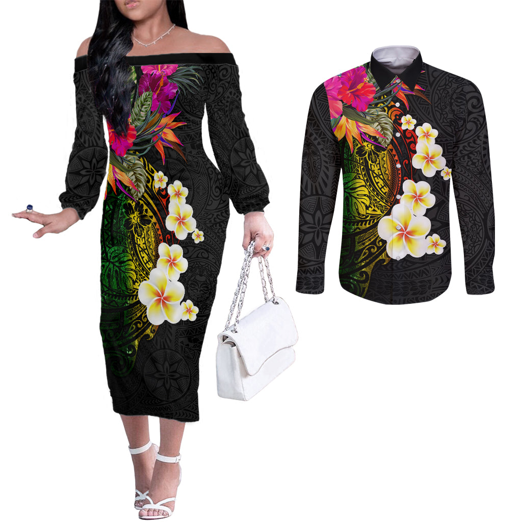 Hawaii Plumeria Couples Matching Off The Shoulder Long Sleeve Dress and Long Sleeve Button Shirt Polynesian Tattoo and Hibiscus LT03 Black - Polynesian Pride