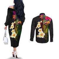 Hawaii Plumeria Couples Matching Off The Shoulder Long Sleeve Dress and Long Sleeve Button Shirt Polynesian Tattoo and Hibiscus LT03 - Polynesian Pride