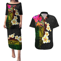 Hawaii Plumeria Couples Matching Puletasi and Hawaiian Shirt Polynesian Tattoo and Hibiscus LT03 Black - Polynesian Pride