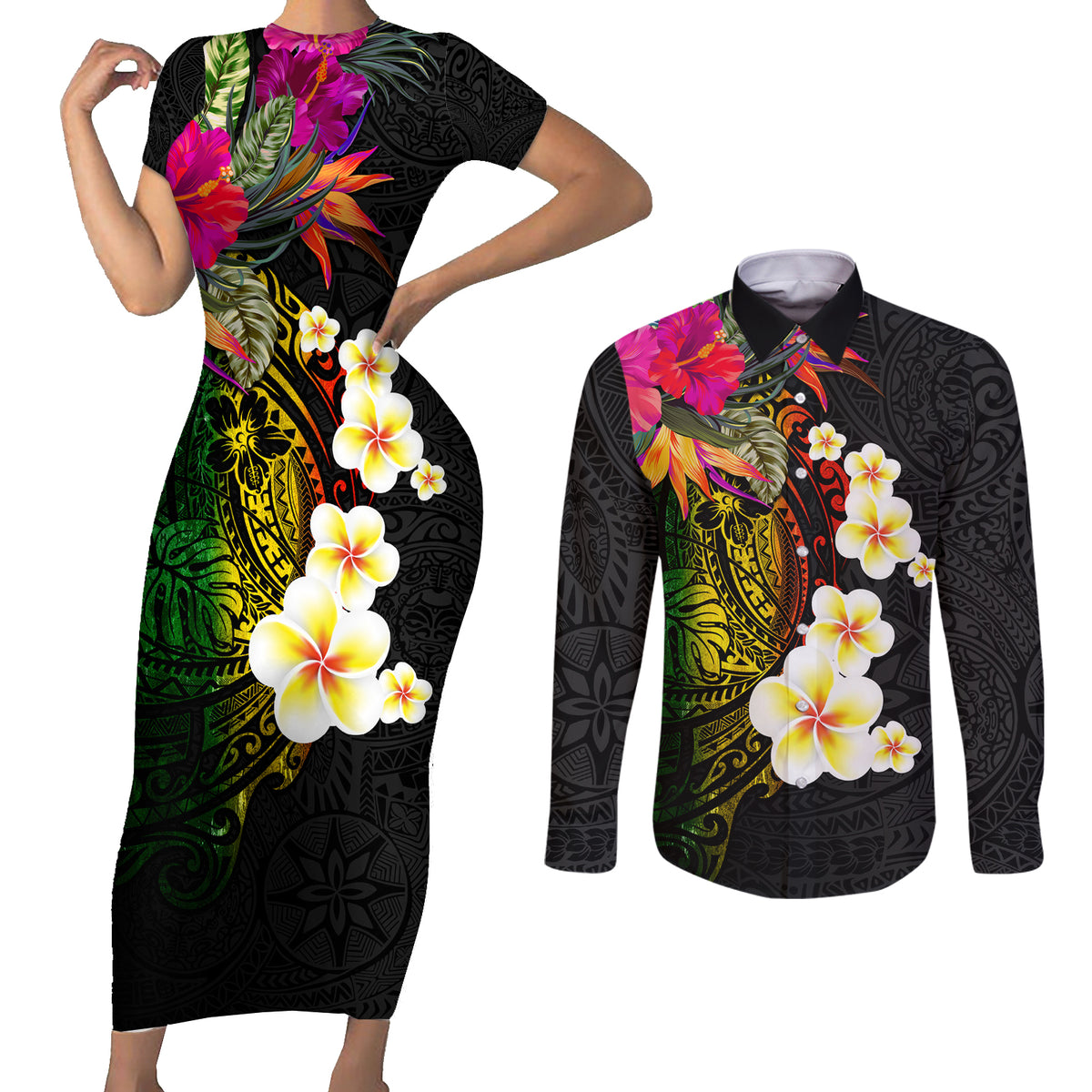 Hawaii Plumeria Couples Matching Short Sleeve Bodycon Dress and Long Sleeve Button Shirt Polynesian Tattoo and Hibiscus LT03 Black - Polynesian Pride