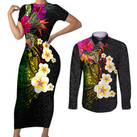 Hawaii Plumeria Couples Matching Short Sleeve Bodycon Dress and Long Sleeve Button Shirt Polynesian Tattoo and Hibiscus LT03 Black - Polynesian Pride