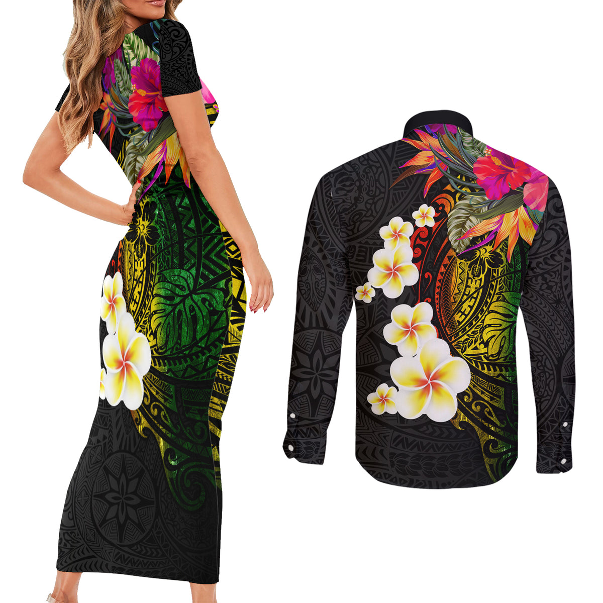 Hawaii Plumeria Couples Matching Short Sleeve Bodycon Dress and Long Sleeve Button Shirt Polynesian Tattoo and Hibiscus LT03 - Polynesian Pride