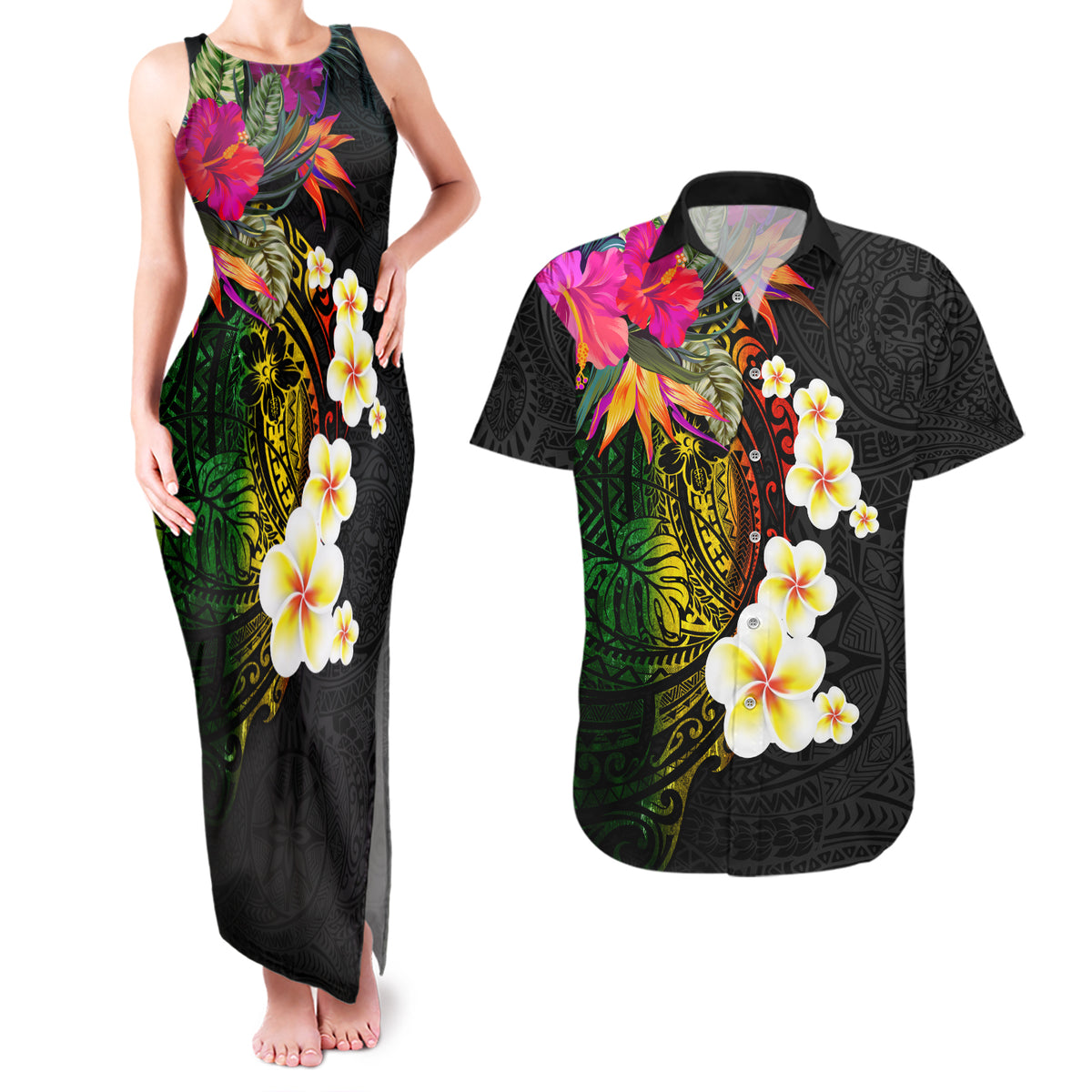 Hawaii Plumeria Couples Matching Tank Maxi Dress and Hawaiian Shirt Polynesian Tattoo and Hibiscus LT03 Black - Polynesian Pride