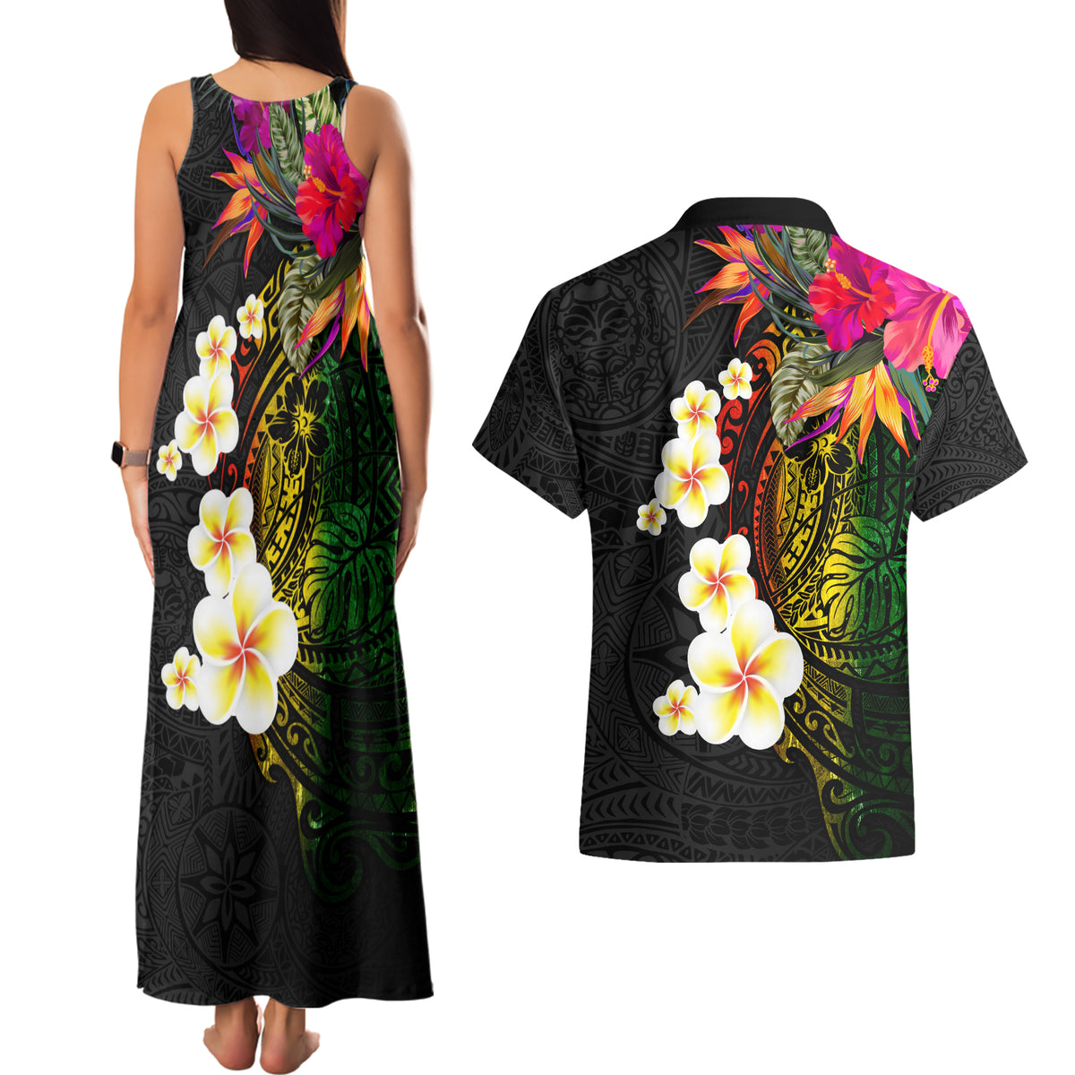 Hawaii Plumeria Couples Matching Tank Maxi Dress and Hawaiian Shirt Polynesian Tattoo and Hibiscus LT03 - Polynesian Pride
