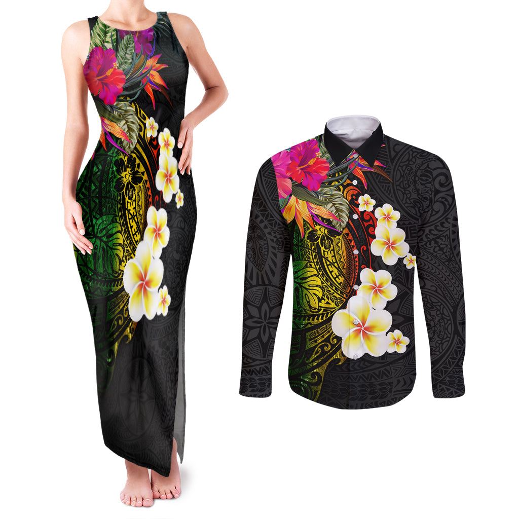 Hawaii Plumeria Couples Matching Tank Maxi Dress and Long Sleeve Button Shirt Polynesian Tattoo and Hibiscus LT03 Black - Polynesian Pride