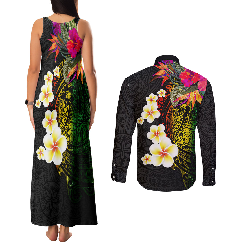 Hawaii Plumeria Couples Matching Tank Maxi Dress and Long Sleeve Button Shirt Polynesian Tattoo and Hibiscus LT03 - Polynesian Pride