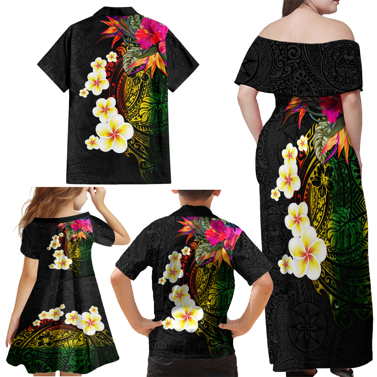 Hawaii Plumeria Family Matching Off Shoulder Maxi Dress and Hawaiian Shirt Polynesian Tattoo and Hibiscus