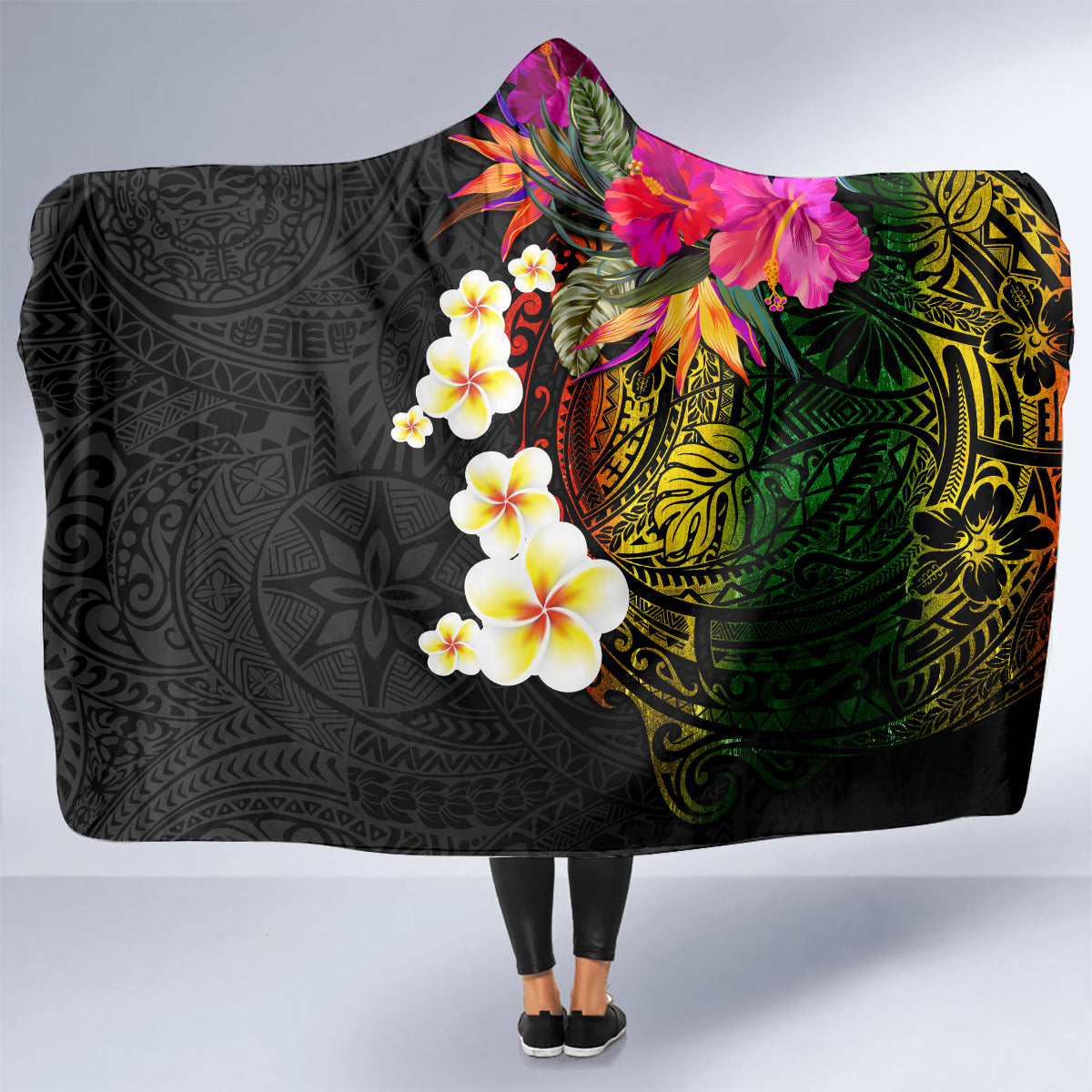 Hawaii Plumeria Hooded Blanket Polynesian Tattoo and Hibiscus