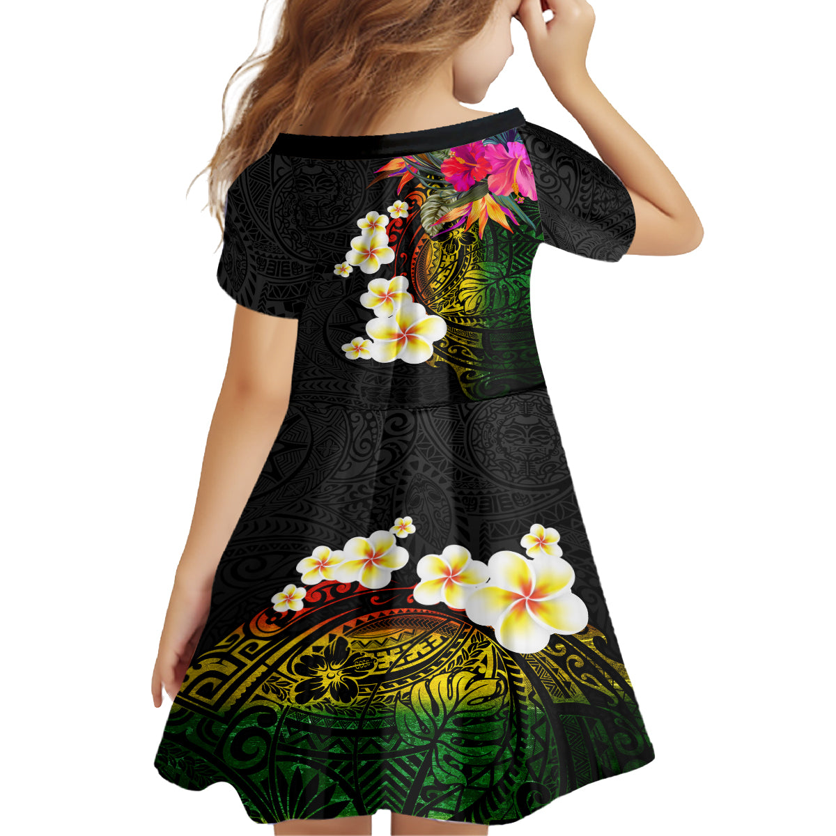 Hawaii Plumeria Kid Short Sleeve Dress Polynesian Tattoo and Hibiscus