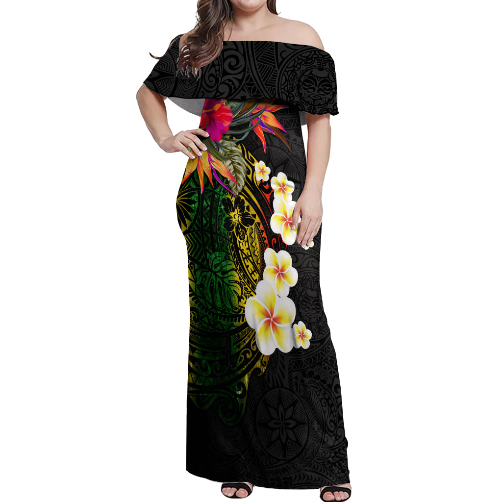 Hawaii Plumeria Off Shoulder Maxi Dress Polynesian Tattoo and Hibiscus