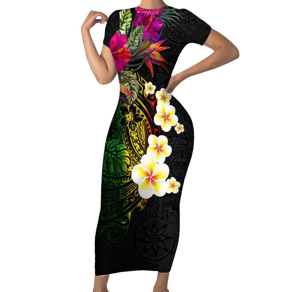 Hawaii Plumeria Short Sleeve Bodycon Dress Polynesian Tattoo and Hibiscus