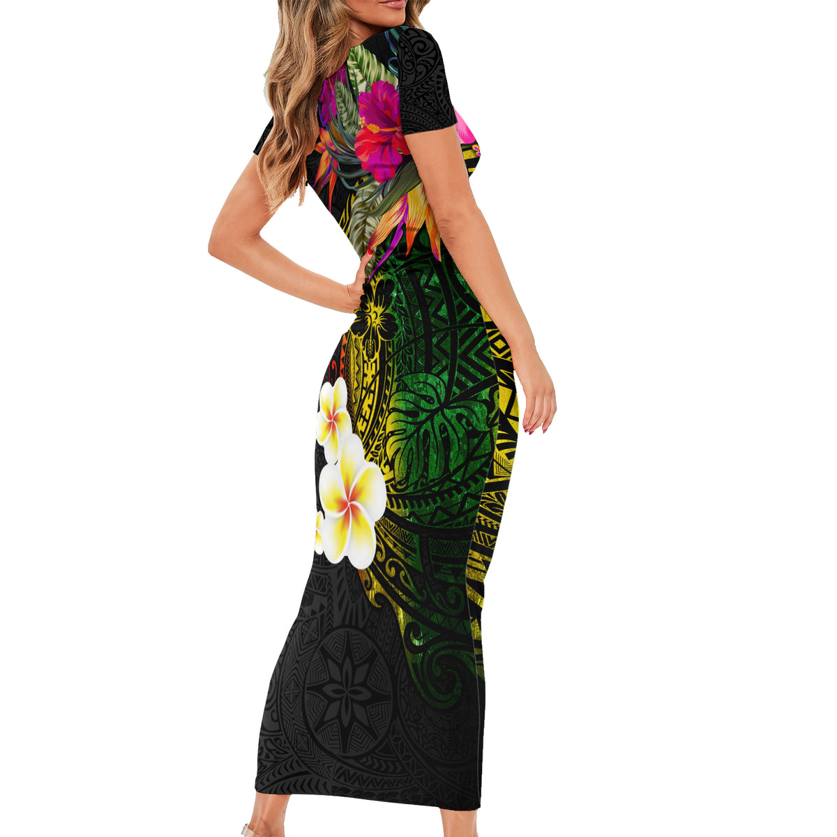 Hawaii Plumeria Short Sleeve Bodycon Dress Polynesian Tattoo and Hibiscus