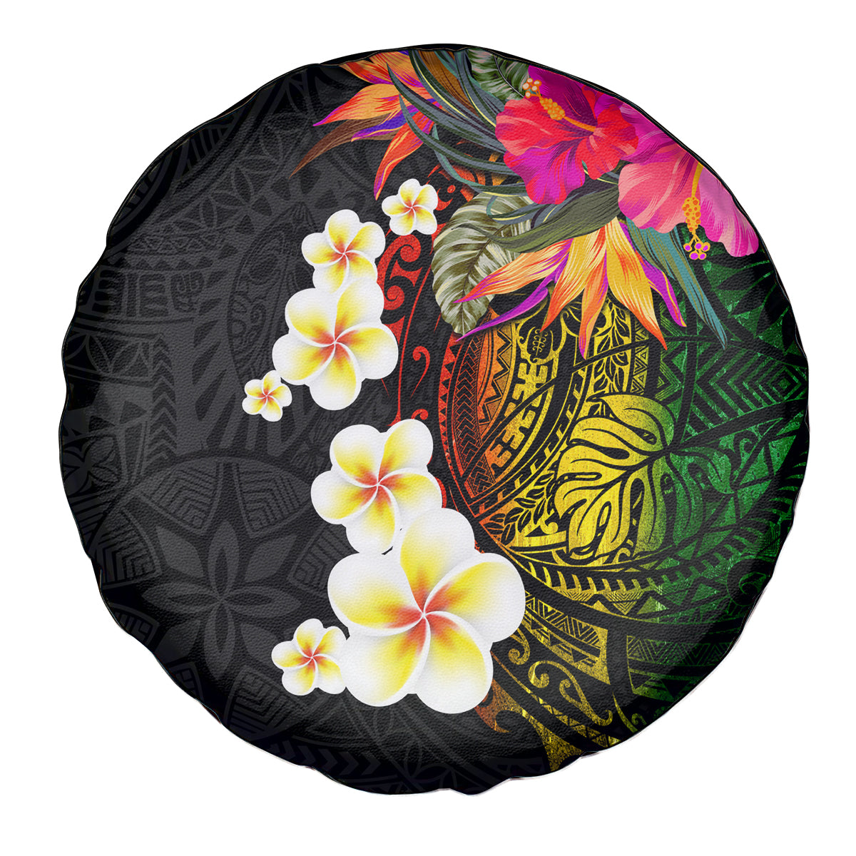Hawaii Plumeria Spare Tire Cover Polynesian Tattoo and Hibiscus