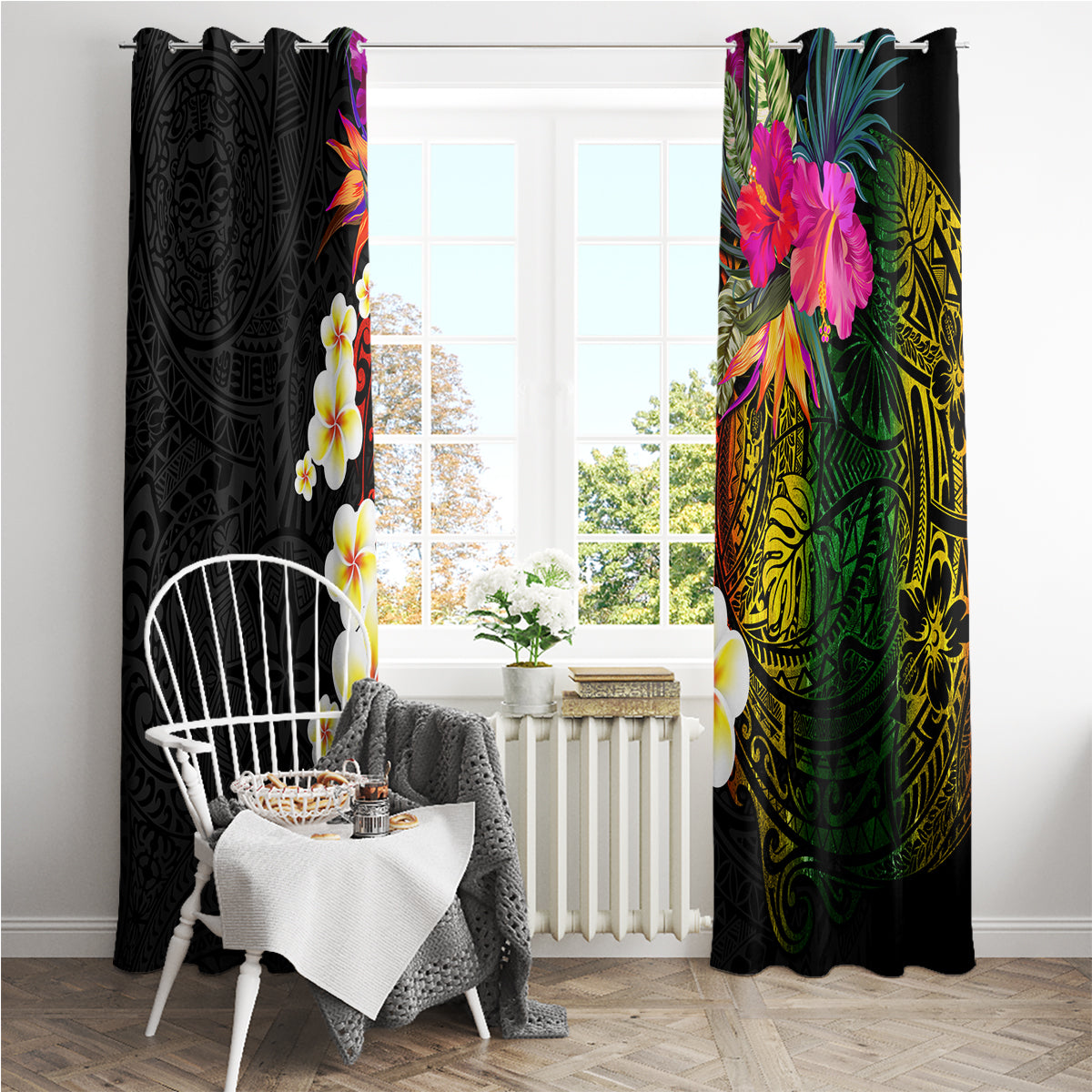 Hawaii Plumeria Window Curtain Polynesian Tattoo and Hibiscus