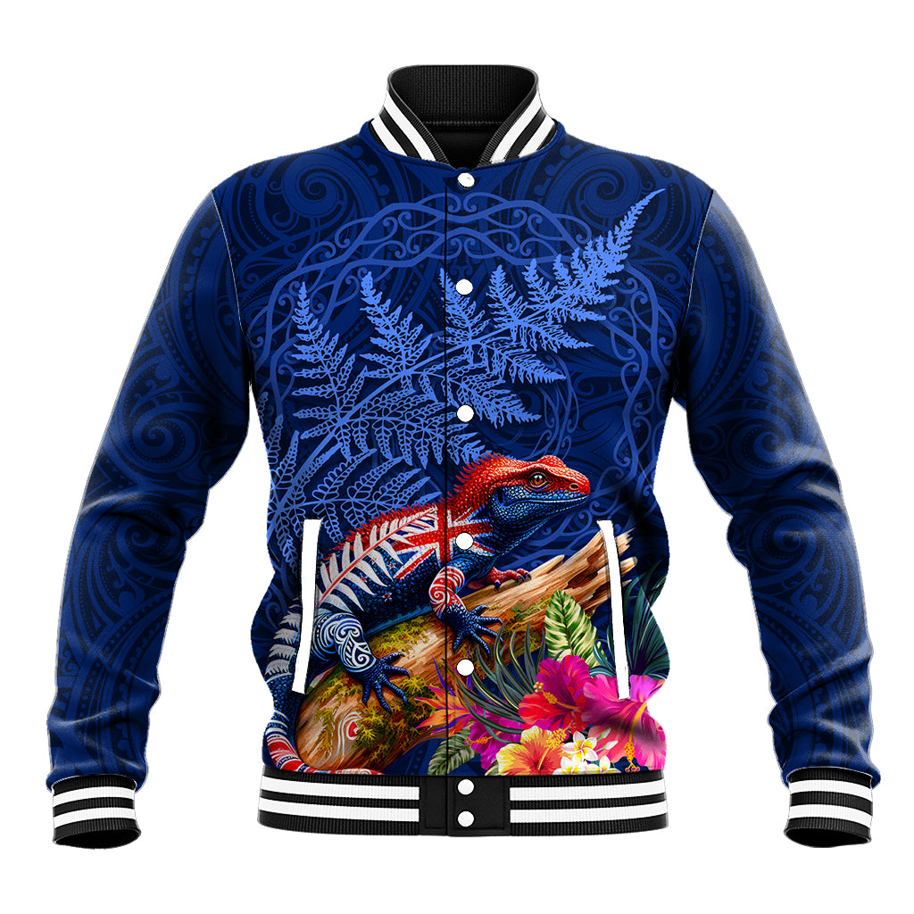 New Zealand Tuatara Baseball Jacket Silver Fern Hibiscus and Tribal Maori Pattern Blue Color LT03 Unisex Blue - Polynesian Pride