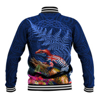 New Zealand Tuatara Baseball Jacket Silver Fern Hibiscus and Tribal Maori Pattern Blue Color LT03 - Polynesian Pride