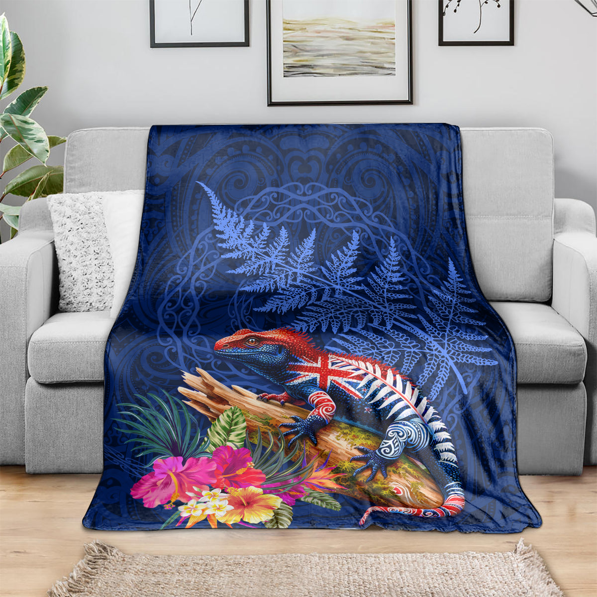 New Zealand Tuatara Blanket Silver Fern Hibiscus and Tribal Maori Pattern Blue Color LT03 - Polynesian Pride