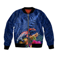 New Zealand Tuatara Bomber Jacket Silver Fern Hibiscus and Tribal Maori Pattern Blue Color