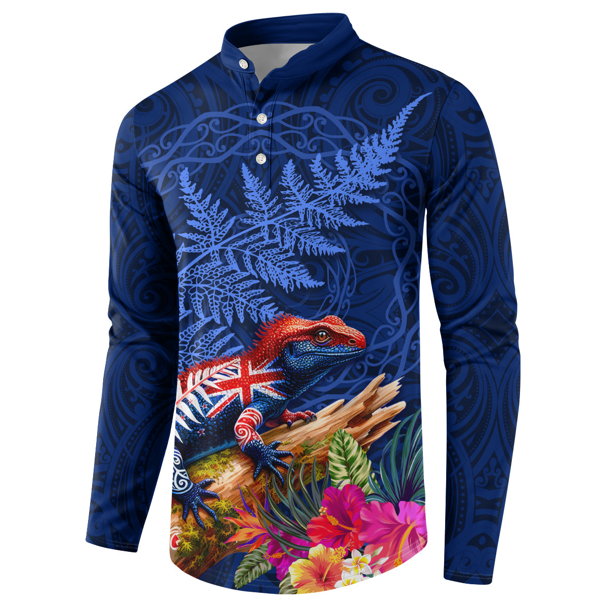 New Zealand Tuatara Button Sweatshirt Silver Fern Hibiscus and Tribal Maori Pattern Blue Color LT03 - Polynesian Pride