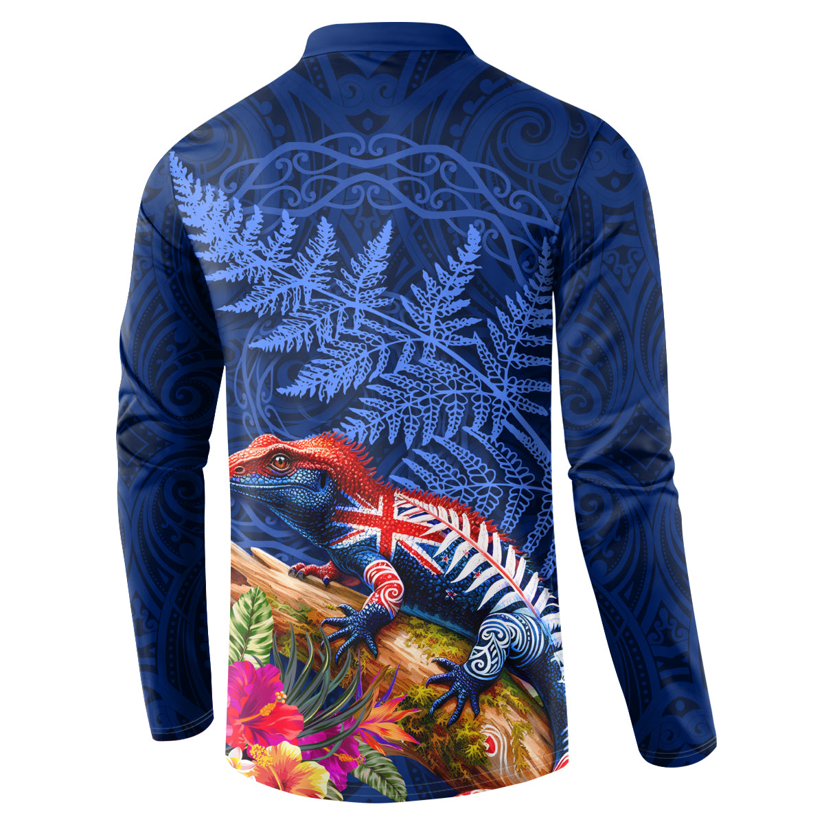 New Zealand Tuatara Button Sweatshirt Silver Fern Hibiscus and Tribal Maori Pattern Blue Color LT03 - Polynesian Pride