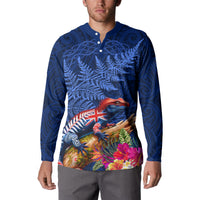 New Zealand Tuatara Button Sweatshirt Silver Fern Hibiscus and Tribal Maori Pattern Blue Color LT03 - Polynesian Pride