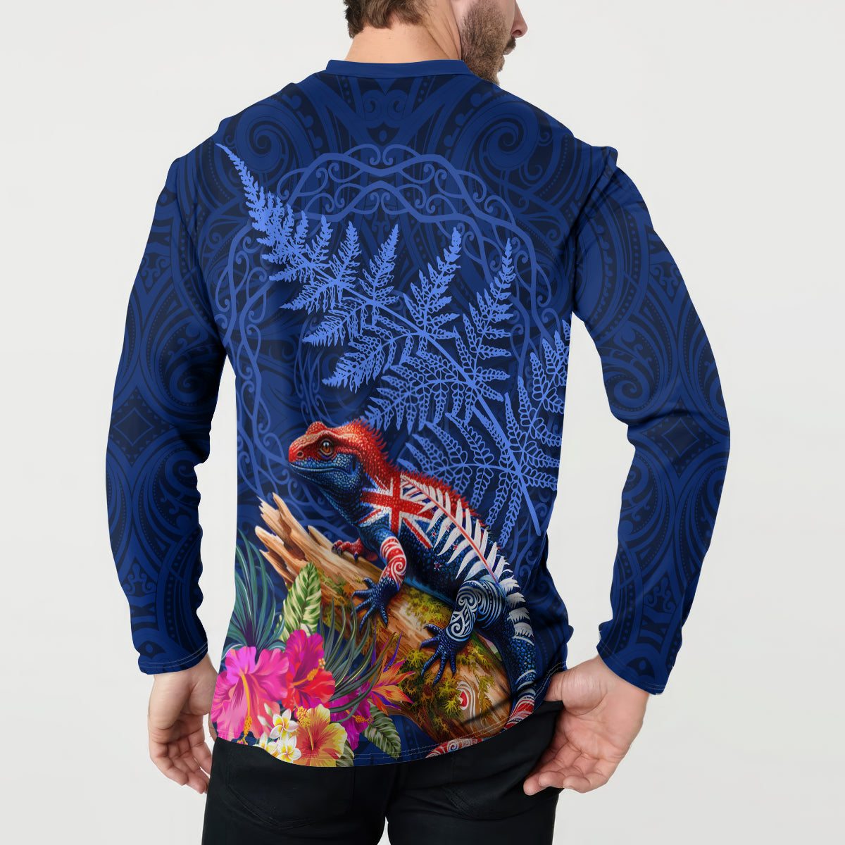 New Zealand Tuatara Button Sweatshirt Silver Fern Hibiscus and Tribal Maori Pattern Blue Color LT03 - Polynesian Pride