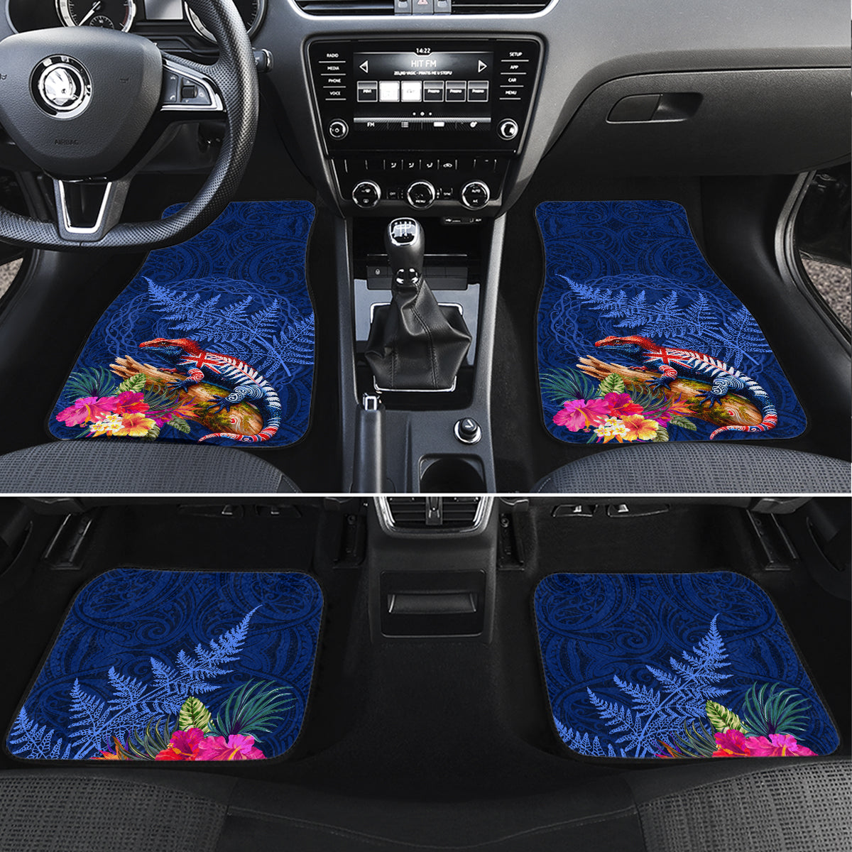 New Zealand Tuatara Car Mats Silver Fern Hibiscus and Tribal Maori Pattern Blue Color