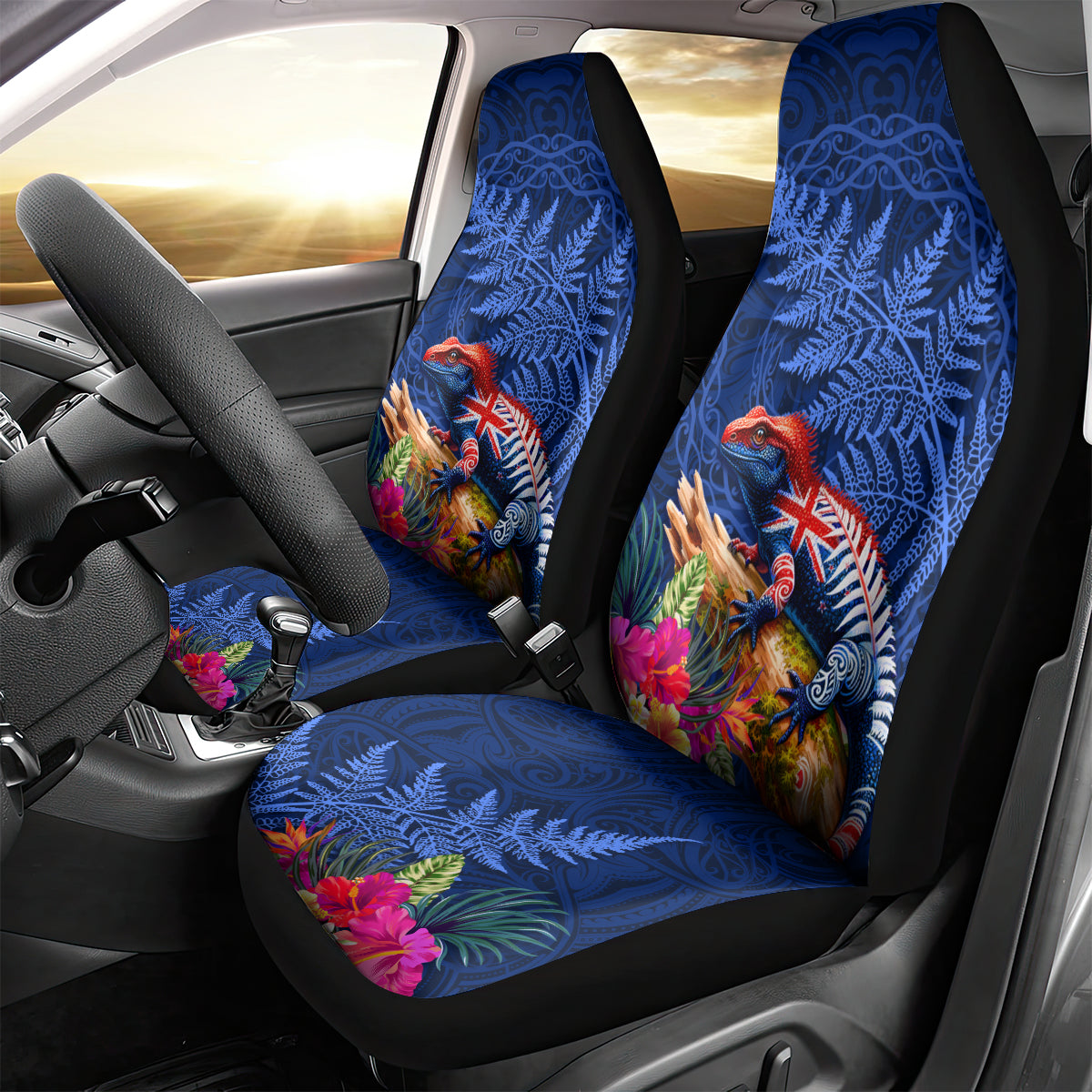 New Zealand Tuatara Car Seat Cover Silver Fern Hibiscus and Tribal Maori Pattern Blue Color