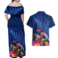 New Zealand Tuatara Couples Matching Off Shoulder Maxi Dress and Hawaiian Shirt Silver Fern Hibiscus and Tribal Maori Pattern Blue Color