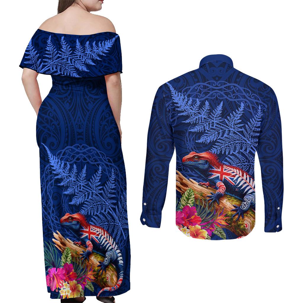 New Zealand Tuatara Couples Matching Off Shoulder Maxi Dress and Long Sleeve Button Shirt Silver Fern Hibiscus and Tribal Maori Pattern Blue Color LT03 - Polynesian Pride