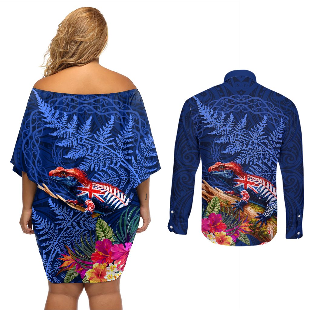 New Zealand Tuatara Couples Matching Off Shoulder Short Dress and Long Sleeve Button Shirt Silver Fern Hibiscus and Tribal Maori Pattern Blue Color LT03 - Polynesian Pride