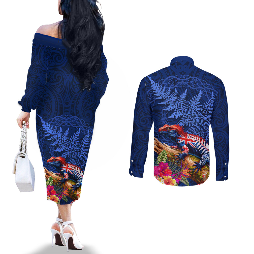 New Zealand Tuatara Couples Matching Off The Shoulder Long Sleeve Dress and Long Sleeve Button Shirt Silver Fern Hibiscus and Tribal Maori Pattern Blue Color LT03 - Polynesian Pride