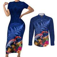 New Zealand Tuatara Couples Matching Short Sleeve Bodycon Dress and Long Sleeve Button Shirt Silver Fern Hibiscus and Tribal Maori Pattern Blue Color LT03 Blue - Polynesian Pride