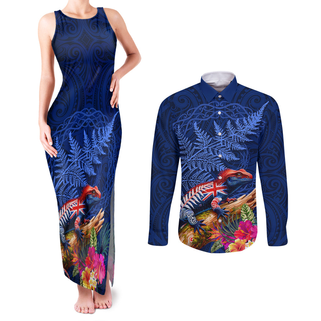 New Zealand Tuatara Couples Matching Tank Maxi Dress and Long Sleeve Button Shirt Silver Fern Hibiscus and Tribal Maori Pattern Blue Color LT03 Blue - Polynesian Pride