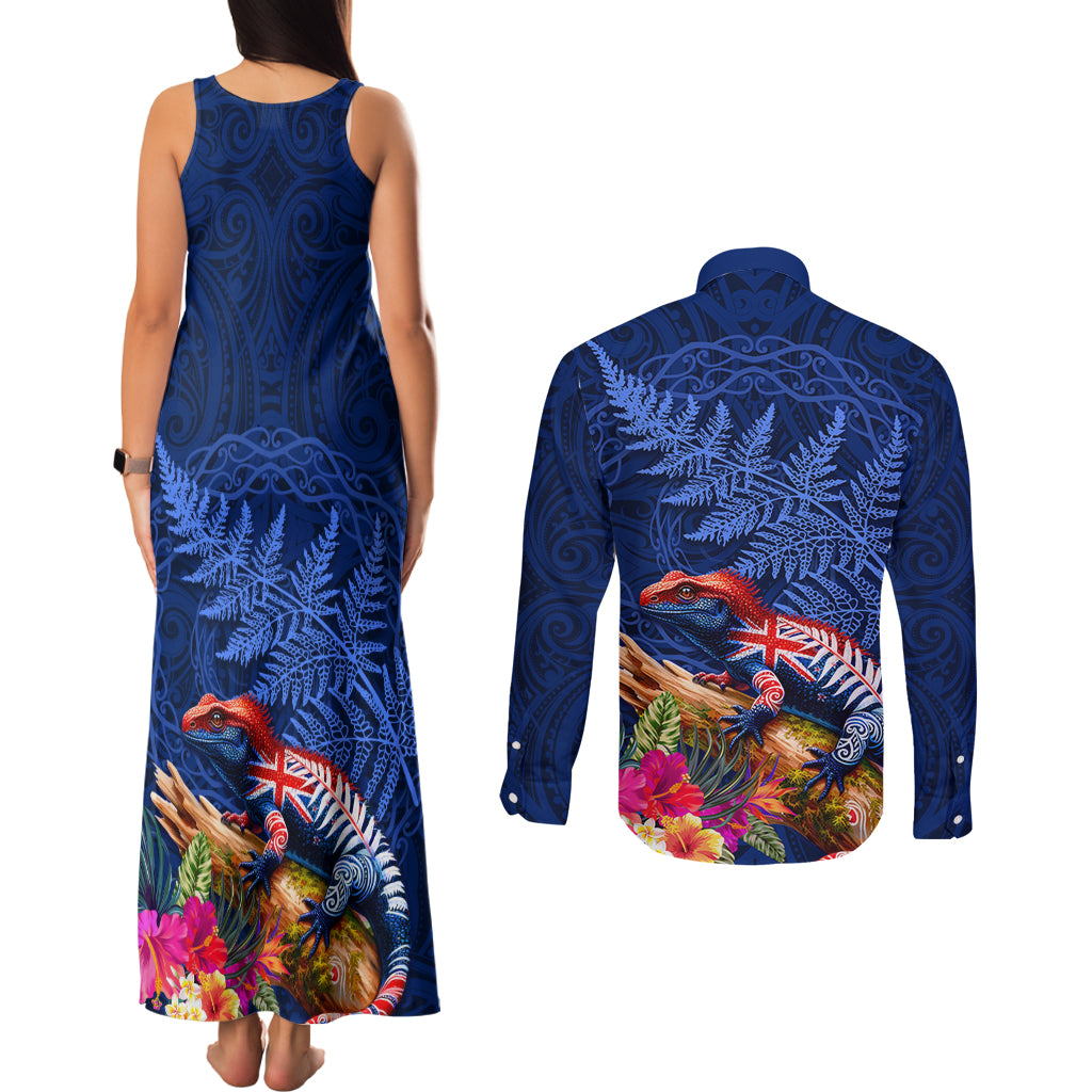 New Zealand Tuatara Couples Matching Tank Maxi Dress and Long Sleeve Button Shirt Silver Fern Hibiscus and Tribal Maori Pattern Blue Color LT03 - Polynesian Pride