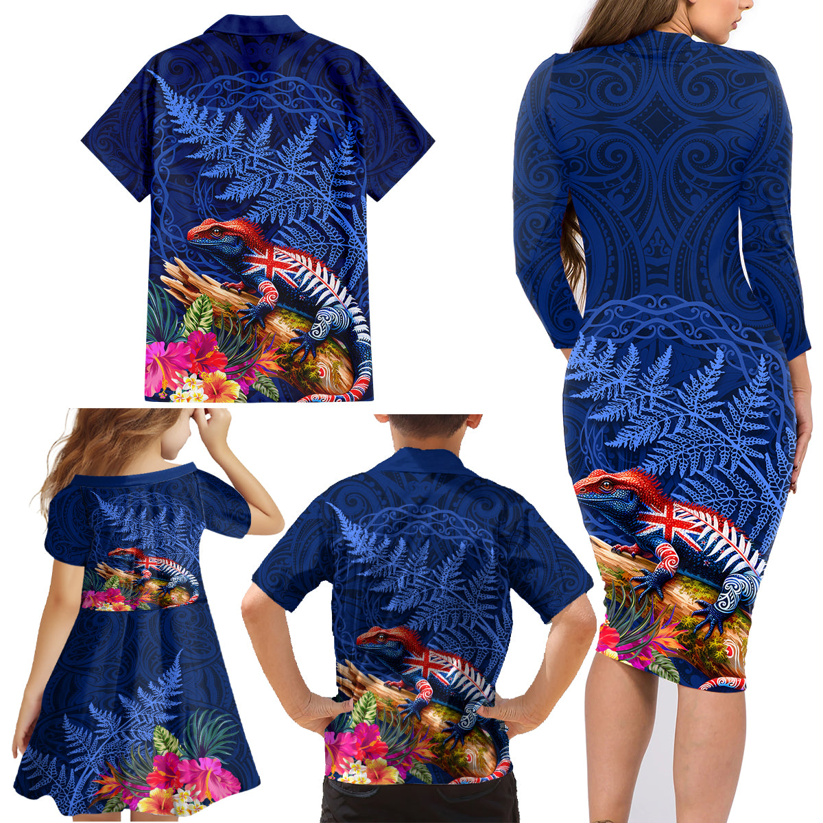 New Zealand Tuatara Family Matching Long Sleeve Bodycon Dress and Hawaiian Shirt Silver Fern Hibiscus and Tribal Maori Pattern Blue Color