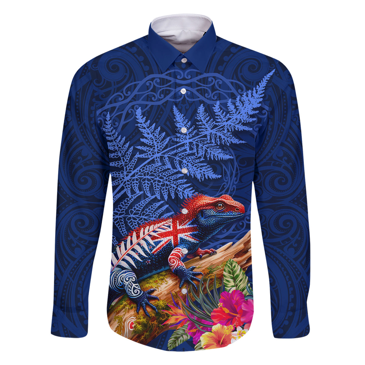 New Zealand Tuatara Family Matching Long Sleeve Bodycon Dress and Hawaiian Shirt Silver Fern Hibiscus and Tribal Maori Pattern Blue Color